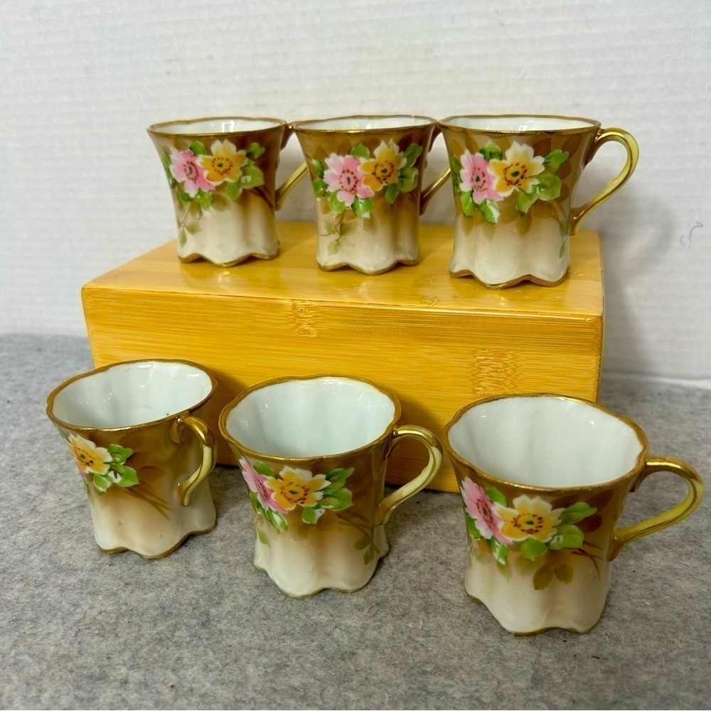 Vintage Handpainted Nippon Chocolate Cups Floral Set of 6 Porcelain Holds 2.5 oz